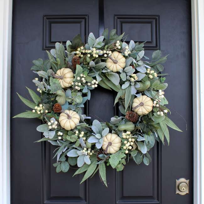 Cream Pumpkin Fall Harvest Front Door Wreath - Wreaths - 3