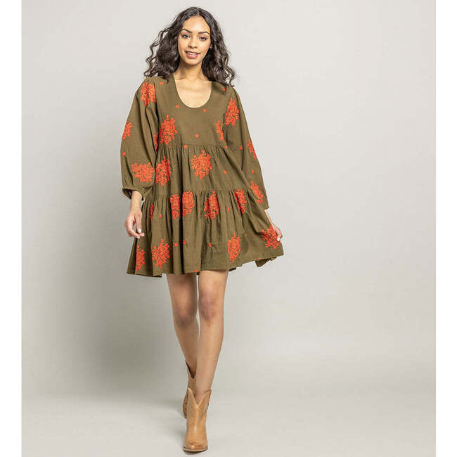 Womens Michelle Dress, Dark Olive W/ Embroidery