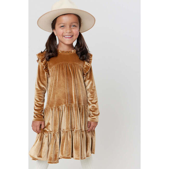 Girls Velour Kalani Dress, Gold - Dresses - 2