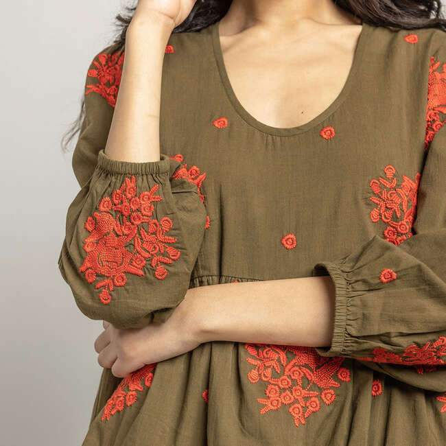 Womens Michelle Dress, Dark Olive W/ Embroidery