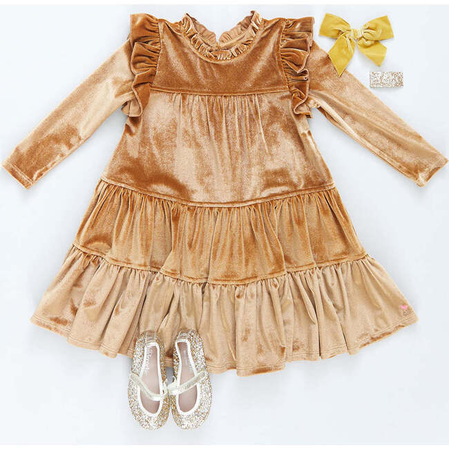 Girls Velour Kalani Dress, Gold - Dresses - 5
