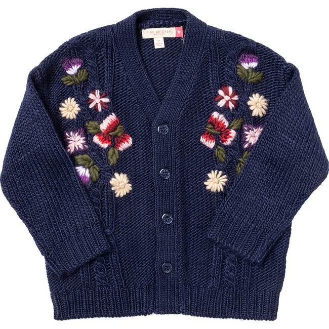 Girls Grandpa Sweater, Navy Floral Embroidery