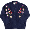 Girls Grandpa Sweater, Navy Floral Embroidery - Sweaters - 1 - thumbnail