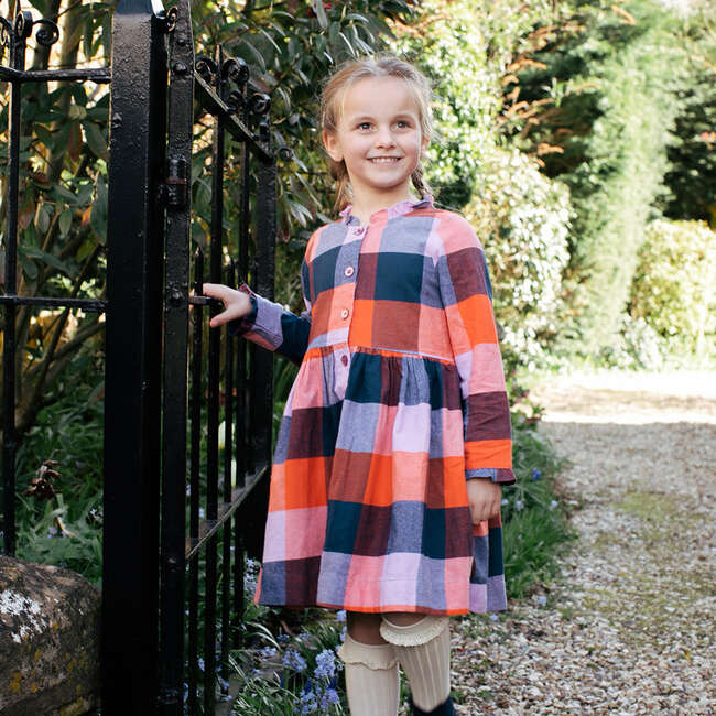 Girls Autumn Dress, Navy Orange Check - Dresses - 2