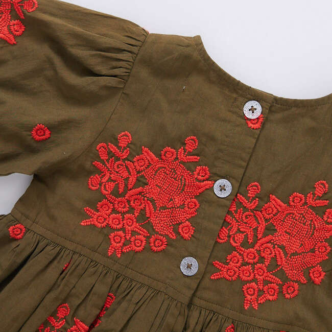 Girls Brooke Dress, Dark Olive Embroidery - Dresses - 3
