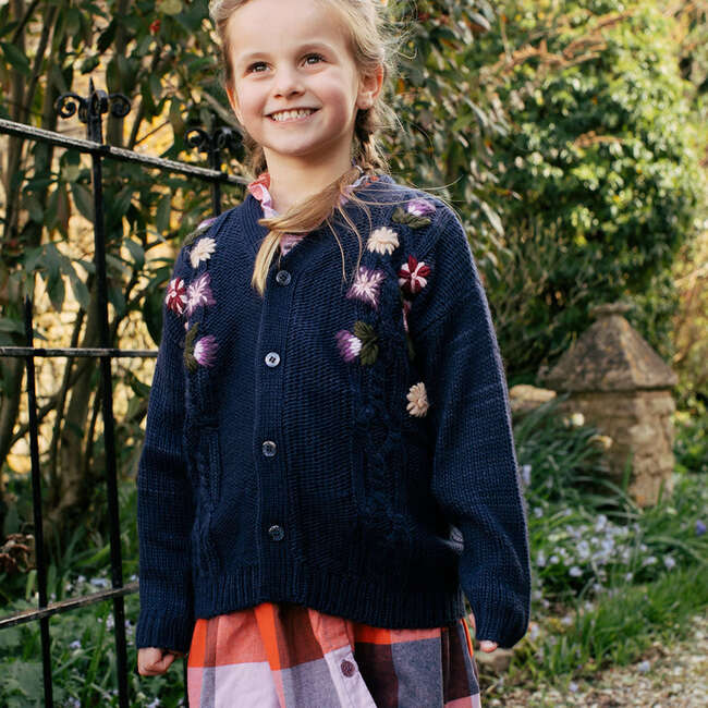 Girls Grandpa Sweater, Navy Floral Embroidery - Sweaters - 3