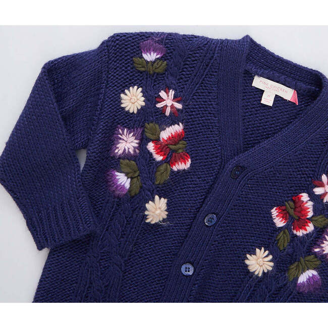 Girls Grandpa Sweater, Navy Floral Embroidery - Sweaters - 4