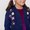 Girls Grandpa Sweater, Navy Floral Embroidery - Sweaters - 5