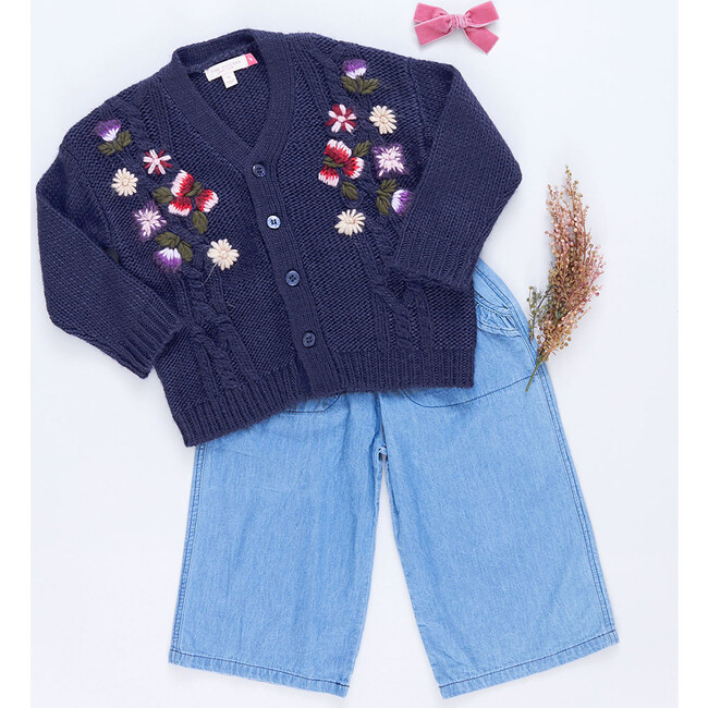 Girls Grandpa Sweater, Navy Floral Embroidery - Sweaters - 6