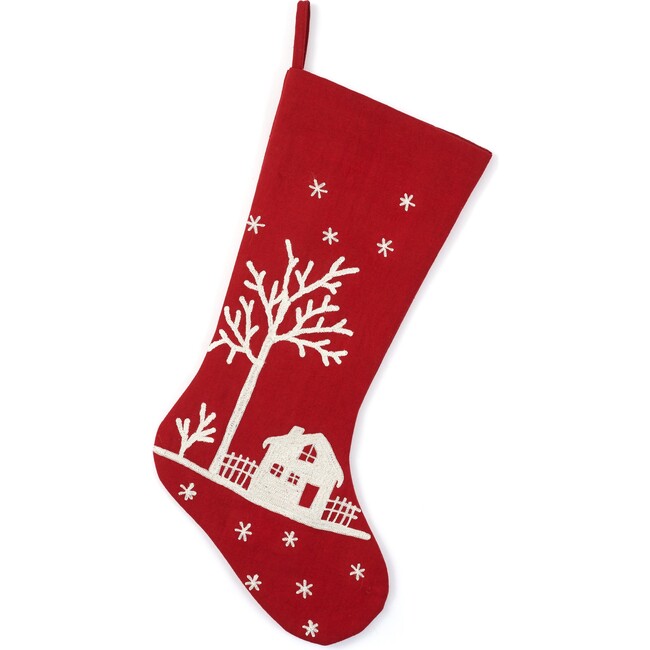 Christmas Stocking, Embroidered Snowy Village