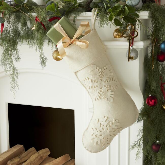 Christmas Stocking in Hand Felted Wool, Cream Tacked Snowflake - Stockings - 2