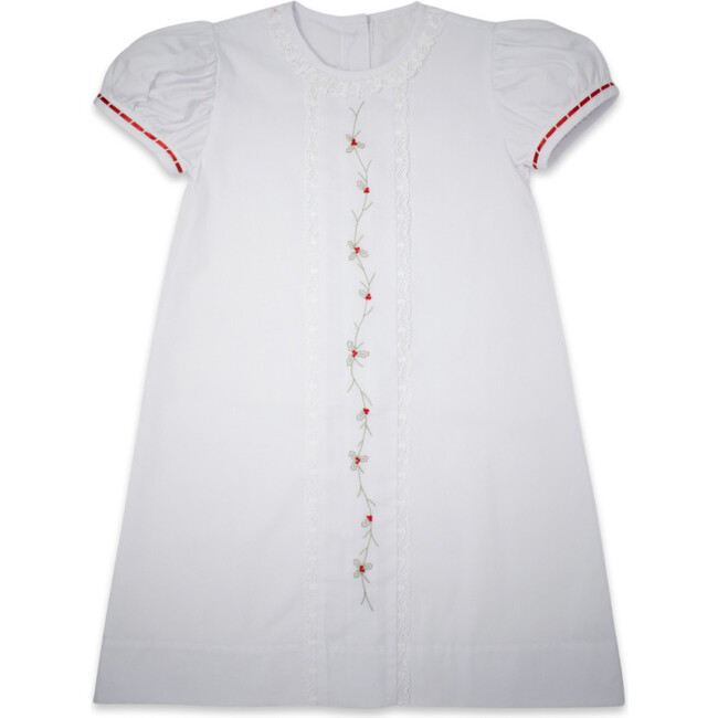 Josie Holy Embroidered Short Puff Sleeve Dress, White & Red