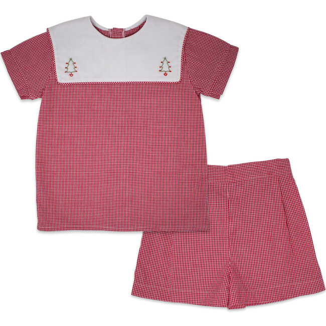 Christian Tree Embroidered Minigingham Top & Short Set, Red