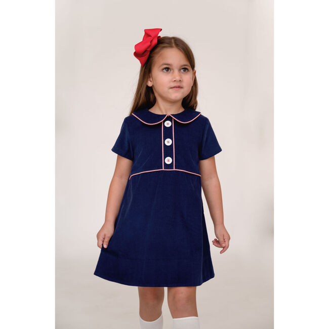 Emily Minigingham Piped Corduroy Dress, Navy & Red - Dresses - 2