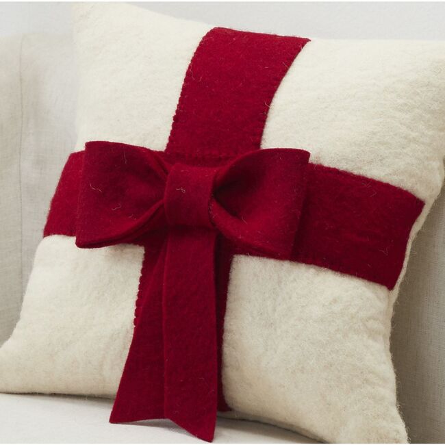 Christmas Pillow Cover in Hand Felted Wool, Red Bow on Cream - Accents - 3