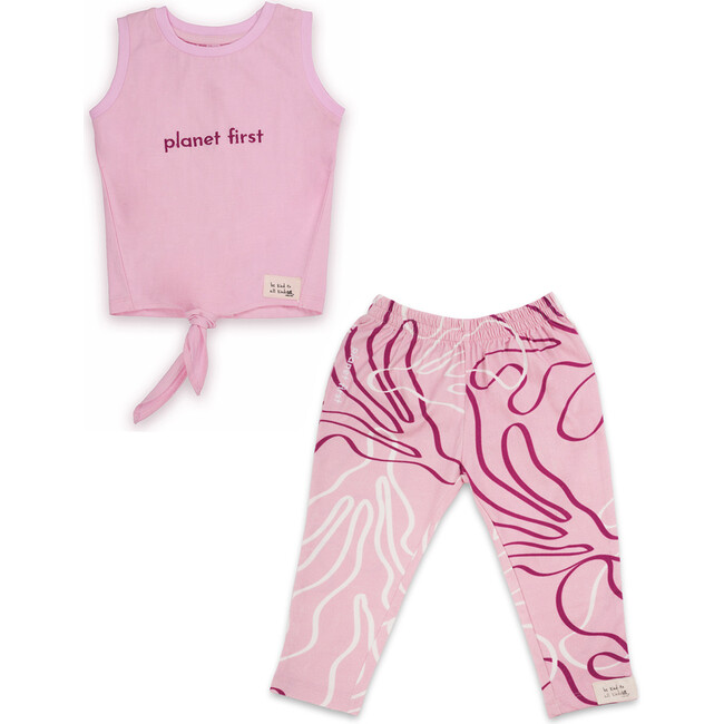 Planet First Slogan Vest With Matching Reef Print Leggings Set, Pink
