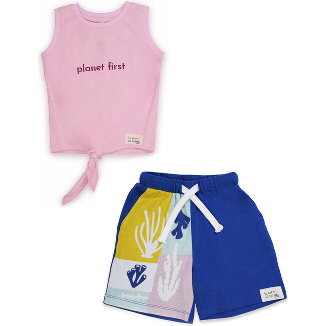 Planet First Slogan Vest With Reef Print Shorts Set, Pink & Dark Blue