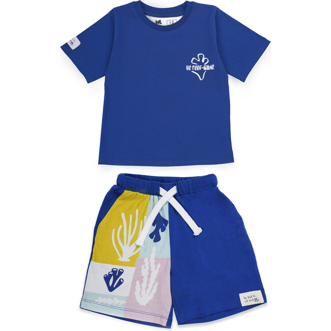 Be-Reefliable T-Shirt With Matching Shorts Unisex Set, Blue & White