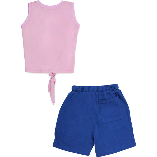 Planet First Slogan Vest With Reef Print Shorts Set, Pink & Dark Blue - Mixed Apparel Set - 2