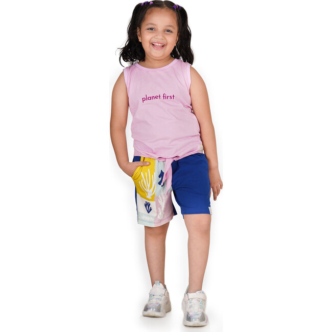 Planet First Slogan Vest With Reef Print Shorts Set, Pink & Dark Blue - Mixed Apparel Set - 5