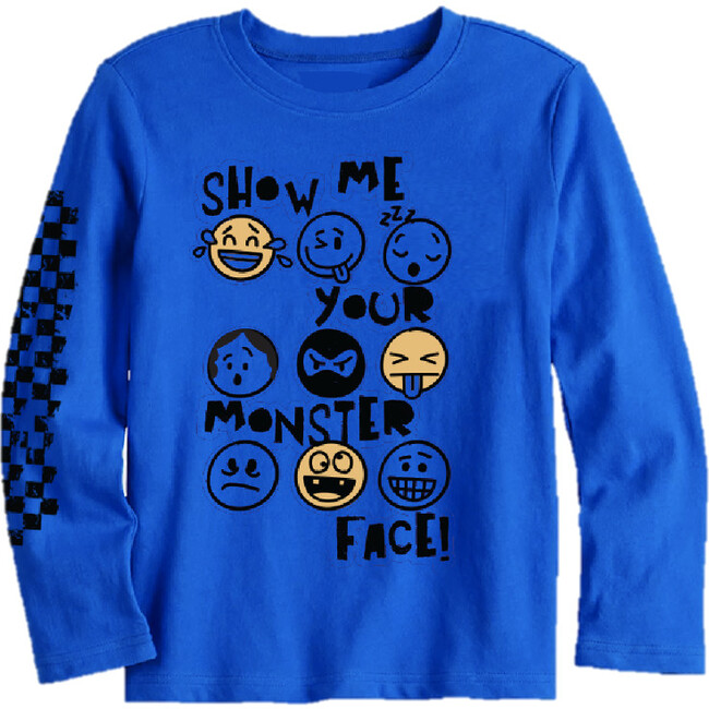 Monster Face Graphic Print Long Sleeve Tee, Blue
