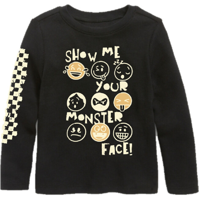 Monster Face Graphic Print Long Sleeve Tee, Black