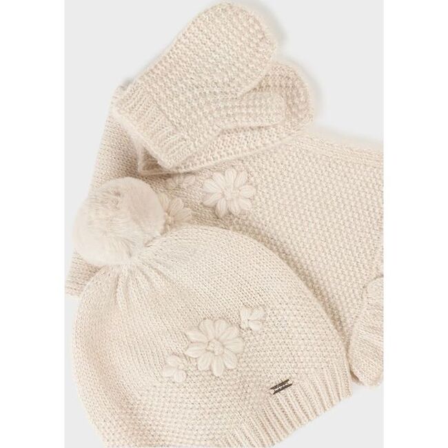 Floral Knit Winter Set, Beige - Hats - 2