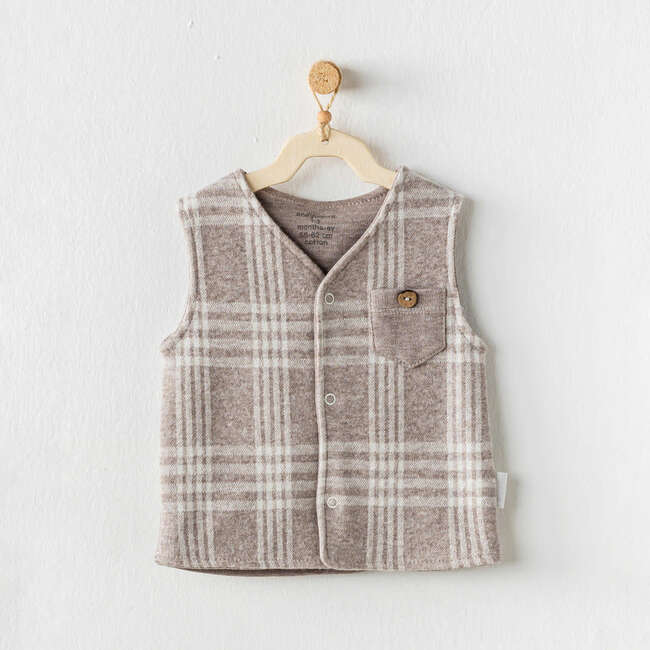 Plaid Pocket Vest, Beige - Vests - 2