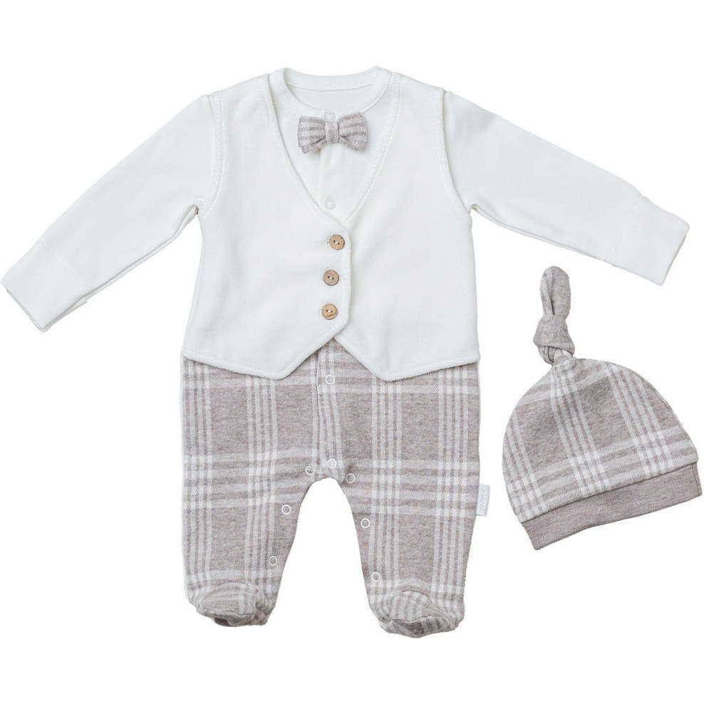 Chic Plaid Formal Babysuit & Hat, White - Bodysuits - 1