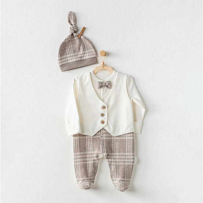 Chic Plaid Formal Babysuit & Hat, White - Bodysuits - 2