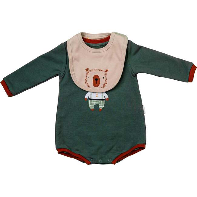 Bear Graphic Babysuit & Bib, Green