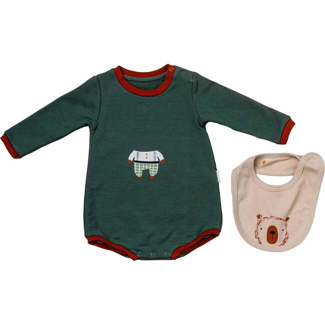 Bear Graphic Babysuit & Bib, Green - Bodysuits - 2