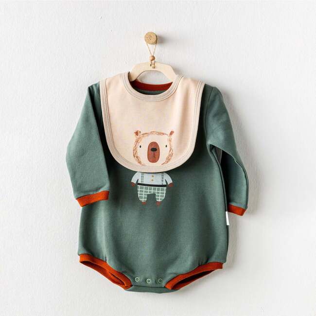 Bear Graphic Babysuit & Bib, Green - Bodysuits - 3
