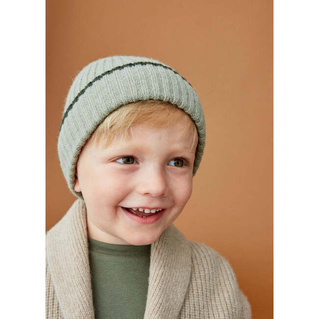 Merino Cashmere Ribbed Rolled-Up Beanie, Green - Hats - 3