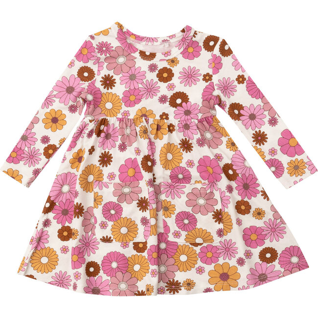 Retro Floral Twirly L/S Dress, Pink