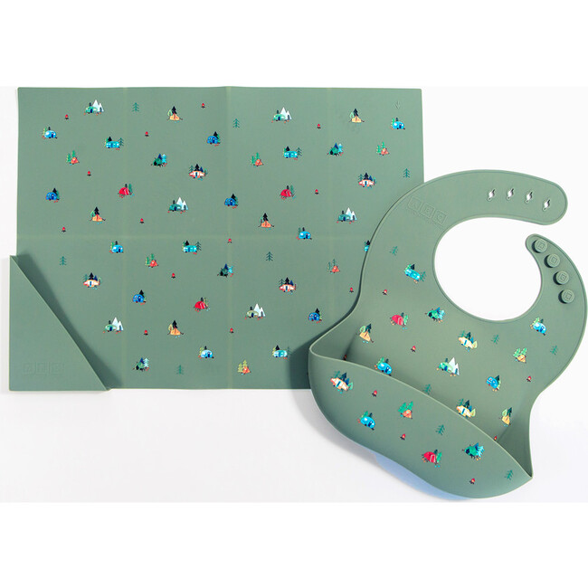 Silicone Bib and Foldable Placemat Set, Camper Sage Green