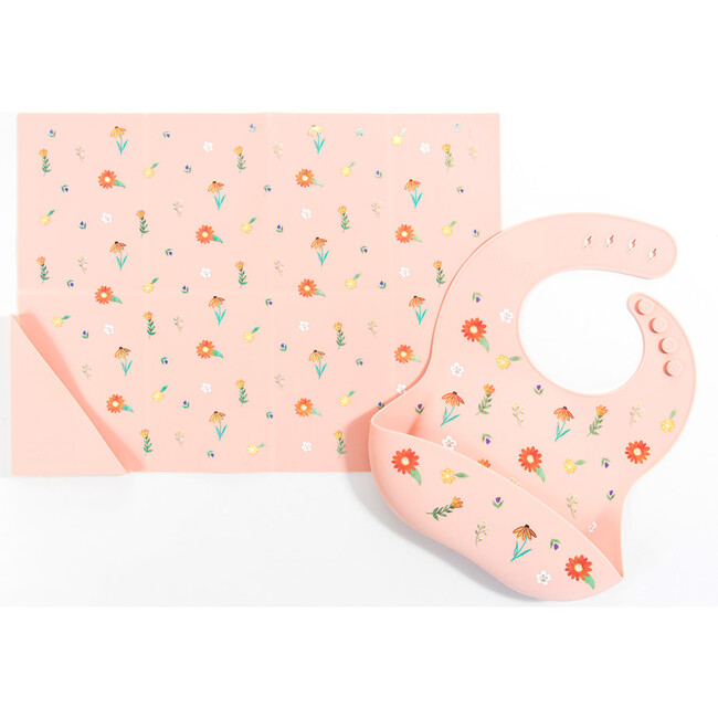 Silicone Bib and Foldable Placemat Set, Wildflower Ripe Peach