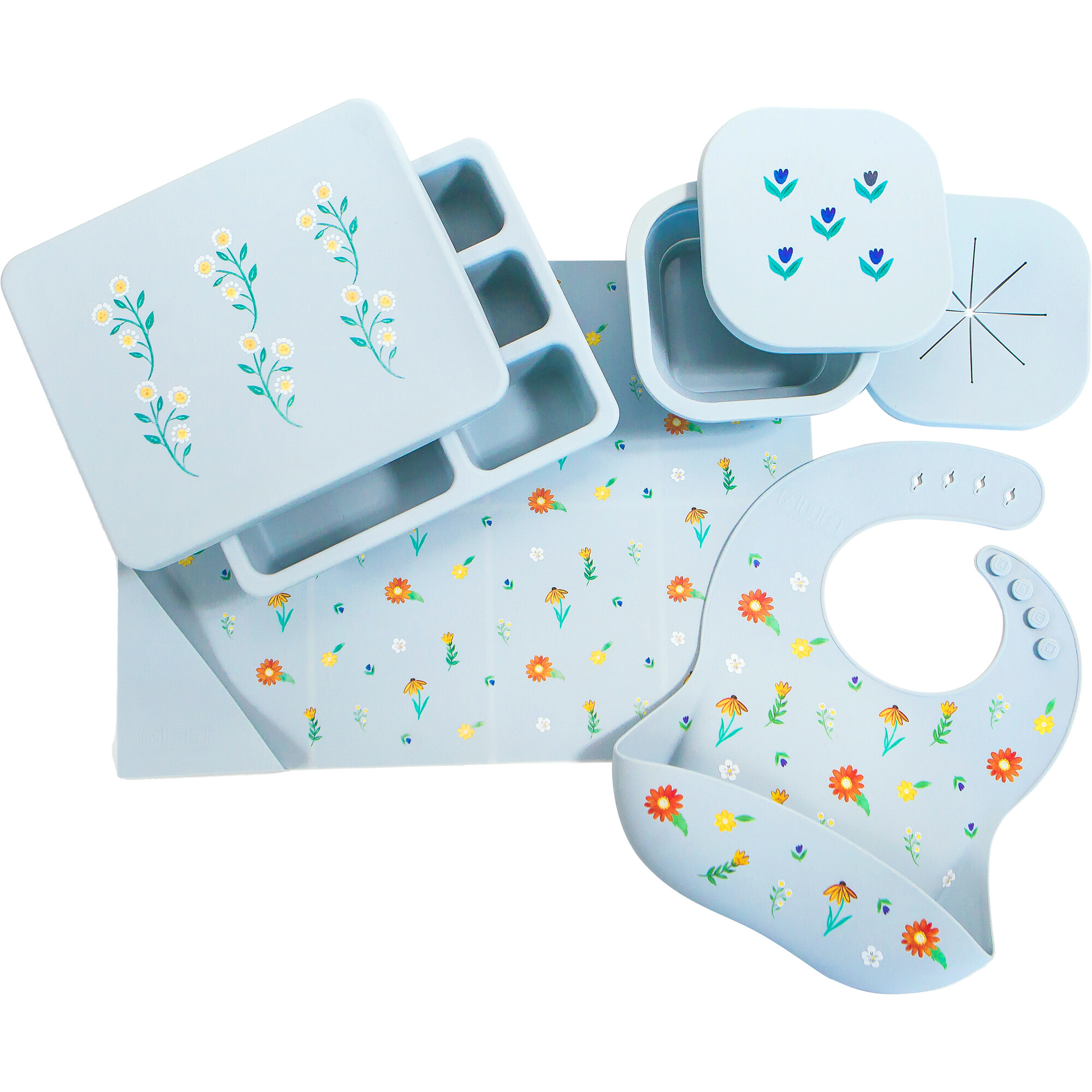 Silicone Mealtime Bundle, Wildflower Chambray Blue - Tabletop - 1