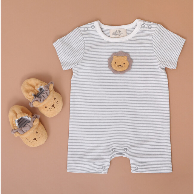 Applique Leo Lion Stripe Baby Vest, Grey - Rompers - 2