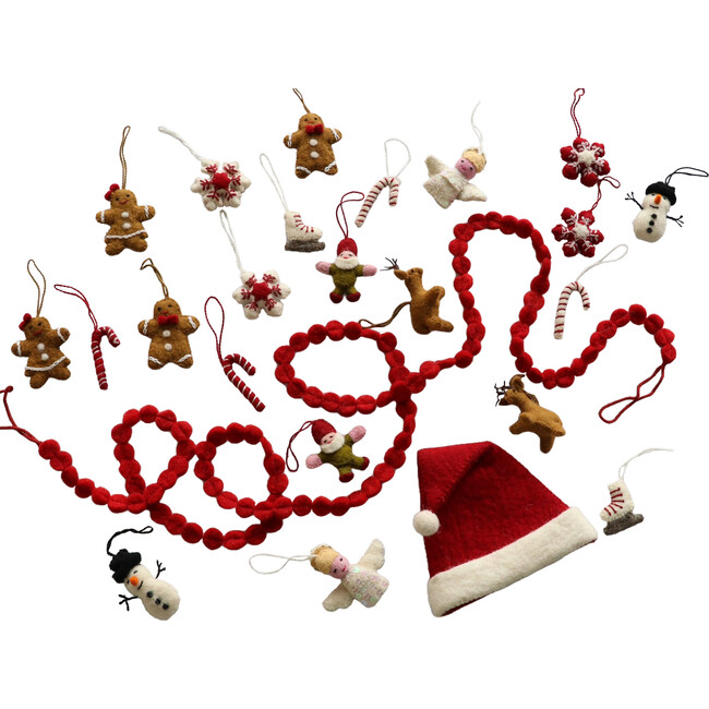 24 Piece Iconic Christmas Mini Tabletop Tree Set In Hand Felted Wool
