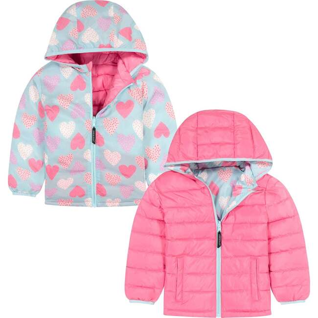 Reversible Hearts Puffer Jacket, Aqua & Pink