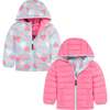 Reversible Hearts Puffer Jacket, Aqua & Pink - Jackets - 1 - thumbnail