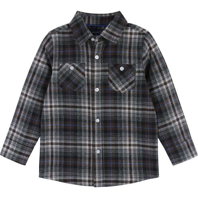 Plaid Flannel Buttondown Shirt, Blue & Brown