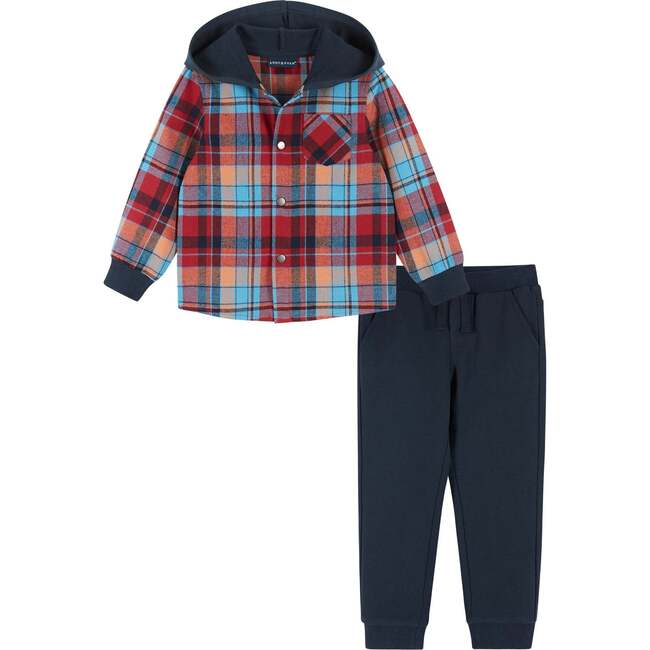 Infant Navy & Red Plaid Hooded Flannel Buttondown Set