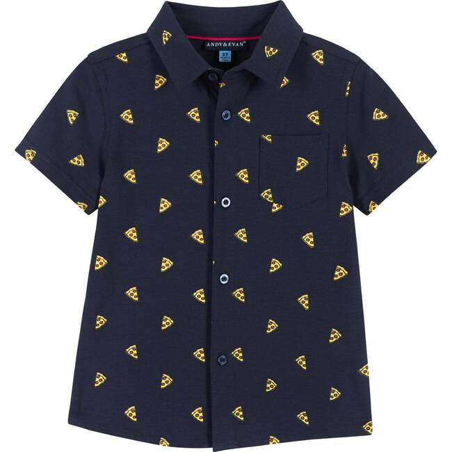 Pizza Print Short Sleeve Knit Buttondown shirt, Navy