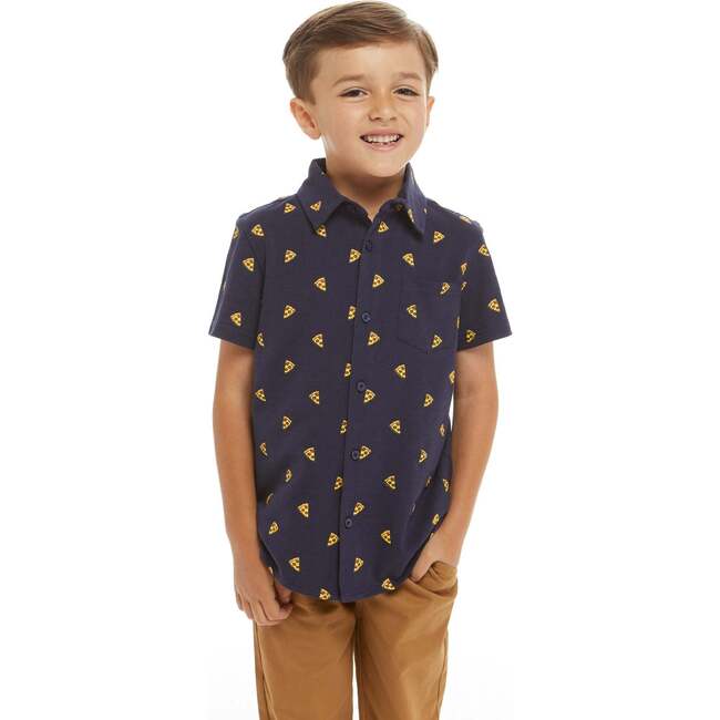 Pizza Print Short Sleeve Knit Buttondown shirt, Navy - Button Downs - 2