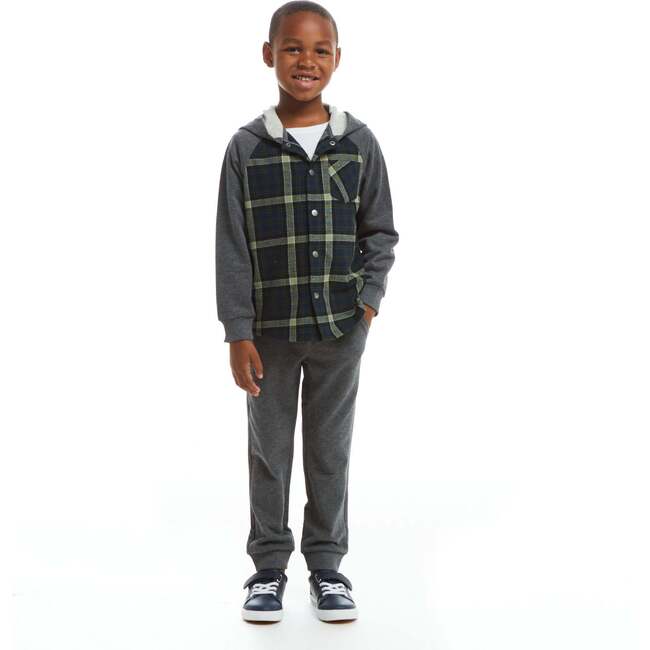 Green Plaid Hooded Flannel Buttondown Set - Mixed Apparel Set - 2