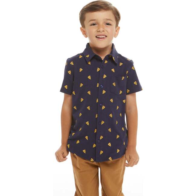 Pizza Print Short Sleeve Knit Buttondown shirt, Navy - Button Downs - 4