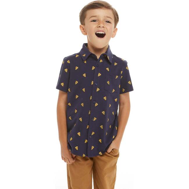 Pizza Print Short Sleeve Knit Buttondown shirt, Navy - Button Downs - 5