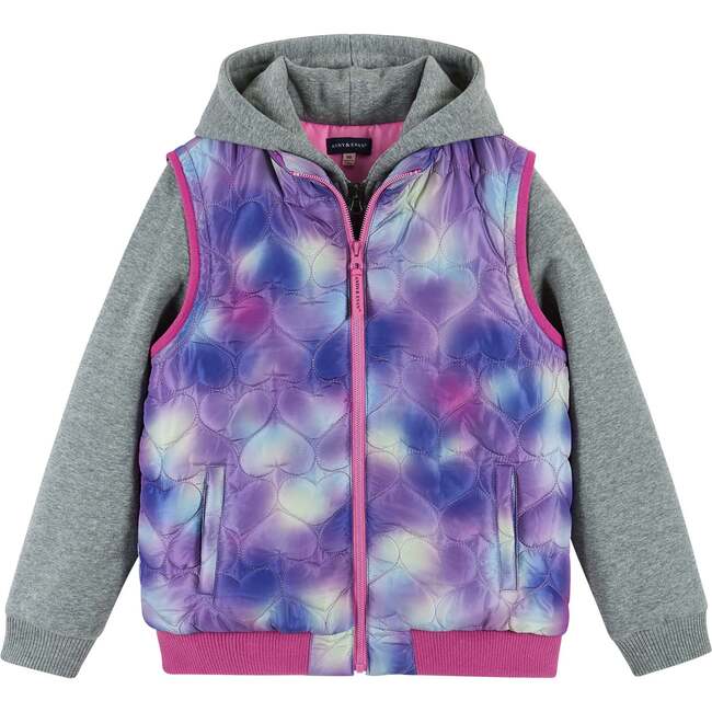 Girls Two-Fer Heart Quilted Vest Jacket, Purple & Grey